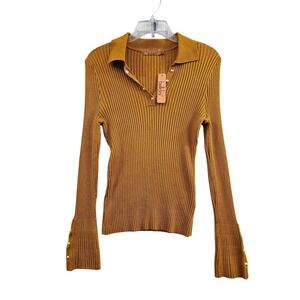 Belldini‎ Ribbed Knit Polo Sweater Women L Arrowwood Gold Button Bell Sleeve Top